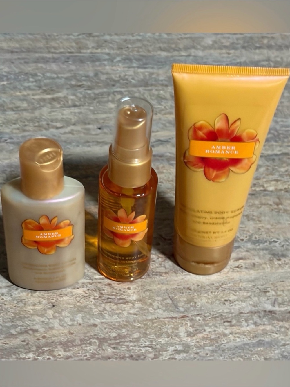 Victoria’s Secret Amber Romance Hydrating Body Lotion, Stimulating Scrub, Mist
